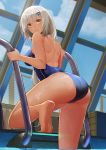  1girl ass blue_swimsuit breasts climbing competition_swimsuit dark_skin day girls_frontline hair_ornament hairclip highres indoors large_breasts long_hair looking_at_viewer mossberg_m590_(girls_frontline) one-piece_swimsuit open_mouth pandea_work pool railing silver_hair sky solo swimsuit water water_drop window yellow_eyes 