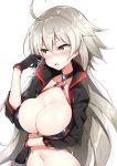  1girl absurdres ahoge black_gloves black_jacket blush breasts cleavage commentary_request fate_(series) gloves grey_eyes hand_up highres ichi-jirushi jacket jeanne_d&#039;arc_(alter)_(fate) jeanne_d&#039;arc_(fate)_(all) large_breasts long_hair looking_away navel nose_blush o-ring o-ring_top open_mouth shiny shiny_hair silver_hair simple_background solo upper_body very_long_hair white_background 