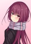  andrew_(fanlp3) eyebrows_visible_through_hair fate/grand_order fate_(series) hair_intakes highres jacket long_hair looking_at_viewer looking_back pink_background purple_hair red_eyes scarf scathach_(fate)_(all) scathach_(fate/grand_order) 