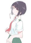  bad_id bad_twitter_id boku_no_hero_academia closed_mouth collared_shirt eyebrows_visible_through_hair from_behind green_skirt grey_hair highres jirou_kyouka looking_at_viewer looking_to_the_side monsieur necktie red_neckwear sanpaku shirt short_hair simple_background skirt standing white_background white_shirt wing_collar 