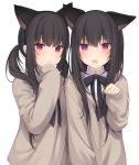  2girls :o amashiro_natsuki animal_ears bangs black_hair black_neckwear blush brown_sweater cat_ears closed_mouth collared_shirt commentary_request extra_ears eyebrows_visible_through_hair hand_up light_smile long_hair long_sleeves looking_at_viewer multiple_girls neck_ribbon open_mouth original paw_pose red_eyes ribbon school_uniform shirt siblings side-by-side sidelocks simple_background sleeves_past_wrists sweater twins twintails upper_body white_background white_shirt 