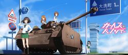  absurdres akiyama_yukari artist_request black_hair breasts brown_eyes caterpillar_tracks clouds day emblem girls_und_panzer ground_vehicle highres isuzu_hana long_hair military military_vehicle motor_vehicle nishizumi_miho ooarai_(emblem) ooarai_marine_tower ooarai_school_uniform orange_hair panzerkampfwagen_iv reizei_mako road_sign school_uniform shirt short_hair sign skirt sky smile takebe_saori tank 