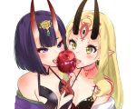  2girls apple bob_cut breasts commentary_request eyebrows_visible_through_hair eyeliner eyeshadow facial_mark fang_out fate/grand_order fate_(series) fingernails food forehead_mark fruit headpiece highres horns ibaraki_douji_(fate/grand_order) japanese_clothes kimono makeup multiple_girls oni oni_horns open_mouth pointy_ears purple_hair purple_kimono revealing_clothes sarfata sharp_fingernails short_eyebrows short_hair shuten_douji_(fate/grand_order) small_breasts tattoo upper_body violet_eyes yellow_eyes yellow_kimono 