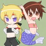 2girls :&lt; :d arm_up bandeau blonde_hair brown_eyes brown_hair chibi commentary_request eyebrows_visible_through_hair headband kill_me_baby long_hair looking_at_viewer low_ponytail mermaid midriff monster_girl monsterification multiple_girls navel open_mouth oribe_yasuna ponytail sat-c short_hair shorts simple_background smile sonya_(kill_me_baby) violet_eyes wrist_wrap 