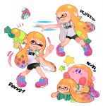  1girl 1other bike_shorts copy_ability domino_mask fangs ink_tank_(splatoon) inkling kirby kirby_(series) kyuurisoda long_hair mask nintendo paint_splatter pointy_ears shoes simple_background smile sneakers splatoon splatoon_(series) splatoon_1 splattershot_(splatoon) squid squidbeak_splatoon super_smash_bros. super_smash_bros._ultimate tentacle_hair topknot 
