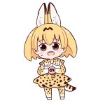  1girl :d animal_ears batta_(ijigen_debris) blush_stickers bow bowtie brown_eyes chibi commentary_request food full_body highres holding japari_bun kemono_friends looking_at_viewer open_mouth orange_hair orange_legwear orange_neckwear orange_skirt round_teeth serval_(kemono_friends) serval_ears serval_print serval_tail simple_background skirt smile solo sweatdrop tail teeth thigh-highs white_background 
