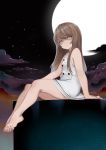  1girl arm_support bangs bare_shoulders barefoot clouds dress full_moon handesu highres legs long_hair looking_at_viewer moon night night_sky original outdoors short_dress sitting sky solo white_dress 