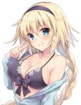  1girl bangs bankoku_ayuya bare_shoulders blonde_hair blue_eyes blue_jacket blush braid breasts cleavage closed_mouth collarbone commentary_request eyebrows_visible_through_hair fate/grand_order fate_(series) hair_between_eyes hairband hand_up jacket jeanne_d&#039;arc_(fate)_(all) jeanne_d&#039;arc_(swimsuit_archer) large_breasts long_hair long_sleeves looking_at_viewer navel off_shoulder simple_background single_braid sleeves_past_wrists smile solo upper_body v v-shaped_eyebrows white_background 