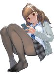  1girl bangs blue_neckwear blunt_bangs blush brown_legwear cellphone closed_mouth collared_shirt commentary_request eyebrows_visible_through_hair grey_jacket grey_skirt highres holding holding_cellphone holding_phone idolmaster idolmaster_cinderella_girls jacket kamiya_nao long_sleeves looking_at_viewer mibu_natsuki necktie no_shoes open_clothes open_jacket pantyhose phone pleated_skirt ponytail red_eyes shirt simple_background skirt smartphone solo white_background white_shirt wing_collar 