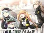  404_(girls_frontline) 4girls adjusting_hair armband bangs belt beret black_bow black_hat black_jacket black_legwear black_ribbon blunt_bangs bow brown_eyes brown_hair closed_mouth coat commentary_request crossed_bangs eyebrows_visible_through_hair facial_mark fingerless_gloves g11_(girls_frontline) girls_frontline gloves green_eyes green_hat green_jacket hair_ornament hairclip hat highres hk416_(girls_frontline) hood hood_down hooded_jacket jacket long_hair looking_to_the_side messy_hair multiple_girls one_eye_closed one_side_up open_clothes open_coat open_jacket open_mouth pantyhose parted_lips plaid plaid_skirt red_eyes ribbon scar scar_across_eye scarf_on_head shirt shoulder_cutout simple_background skirt smile teardrop ump45_(girls_frontline) ump9_(girls_frontline) veil13 white_hair white_shirt yellow_eyes 