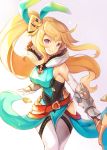  1girl bangs bare_shoulders blonde_hair bow breasts closed_mouth commentary_request dragalia_lost elbow_gloves elisanne floating_hair gloves green_bow hair_bow highres long_hair looking_at_viewer medium_breasts pelvic_curtain pink_eyes sibyl side_ponytail smile solo standing thigh-highs very_long_hair white_legwear 
