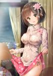  1girl :d aran_sweater blurry blurry_foreground blush bow breasts brown_hair cityscape clouds cloudy_sky commentary_request covered_navel curtains depth_of_field fang fingernails flower green_eyes hair_flower hair_ornament head_tilt highres idolmaster idolmaster_cinderella_girls indoors kuria_(clear_trip_second) lamp lampshade large_breasts lifted_by_self long_sleeves looking_at_viewer maekawa_miku night night_sky open_mouth panties pink_bow pink_flower pink_skirt side-tie_panties skirt skirt_lift sky sleeves_past_wrists smile solo sweater underwear white_panties white_sweater window 