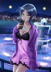  1girl blue_hair breasts cellphone cleavage collarbone commentary_request fountain hayami_kanade highres holding holding_phone idolmaster idolmaster_cinderella_girls idolmaster_cinderella_girls_starlight_stage jacket light_blush lingerie looking_at_viewer medium_breasts night nightgown open_clothes open_jacket phone pleiades_(sting7712) purple_jacket railing short_hair smartphone solo underwear yellow_eyes 