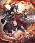  1girl architecture bare_shoulders black_gloves black_hair breasts china_dress chinese_clothes dress east_asian_architecture elbow_gloves fire flower glint gloves hair_flower hair_ornament holding holding_sword holding_weapon horns jacket jacket_removed long_hair looking_at_viewer original outdoors red_dress red_eyes redamon small_breasts smile solo standing sword thigh-highs very_long_hair weapon white_legwear yellow_footwear 