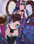  1girl :q black_legwear blush breasts commentary english_commentary eyebrows_visible_through_hair eyeshadow fate/grand_order fate_(series) gourd hand_up highres holding horns japanese_clothes kimono looking_at_viewer makeup mochii navel oni oni_horns pelvic_curtain pointy_ears purple_hair purple_kimono short_hair shuten_douji_(halloween)_(fate) small_breasts smile solo standing thigh-highs tongue tongue_out violet_eyes 