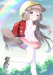 1girl animal_ears ass azur_lane backpack bag blue_eyes blush bow brown_hair clouds commentary_request crescent crescent_hair_ornament crime_prevention_buzzer dog_ears dog_tail from_side fumizuki_(azur_lane) hair_bow hair_ornament hat highres leg_up long_hair looking_back mary_janes miniskirt open_mouth outdoors pantyhose pink_shirt pink_skirt rainbow randoseru ribbon running school_hat school_uniform serafuku shirt shoes skirt skirt_lift sky solo tail water white_legwear yellow_hat 