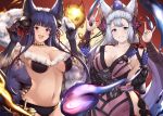  2girls animal_ears bangs bare_shoulders bell black_gloves black_hair blue_eyes blunt_bangs blush breasts cleavage collarbone detached_sleeves erune fox_ears fox_shadow_puppet fox_tail fur fur_trim gloves granblue_fantasy haido_(ryuuno_kanzume) hair_bell hair_ornament hairpin hips japanese_clothes jingle_bell kimono large_breasts long_hair looking_at_viewer multiple_girls navel open_mouth parted_lips sash sideboob sidelocks silver_hair smile socie_(granblue_fantasy) tail very_long_hair violet_eyes yuel_(granblue_fantasy) 