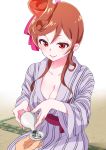  1girl breasts brown_hair cleavage commentary_request cup eriko hair_ornament highres japanese_clothes kimono large_breasts long_hair pouring red_eyes sakazuki sitting tatami tokkuri yukata yuugiri_(zombie_land_saga) zombie_land_saga 