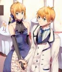  1boy 1girl ahoge arthur_pendragon_(fate) artoria_pendragon_(all) blonde_hair blue_bow blue_dress blue_neckwear bow braided_bun breasts cleavage collarbone couple dress elbow_gloves eyebrows_visible_through_hair fate_(series) formal gloves green_eyes grey_gloves hair_between_eyes hair_bow hand_holding indoors jacket medium_breasts necktie parted_lips saber shiny shiny_hair short_hair sidelocks sleeveless sleeveless_dress smile striped vertical_stripes white_jacket woumu 