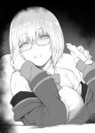  1girl bow bowtie breasts collared_shirt deras empty_eyes eyebrows_visible_through_hair fingernails glasses greyscale hand_up holding jacket large_breasts long_sleeves looking_at_viewer monochrome off_shoulder parted_lips school_uniform semi-rimless_eyewear shinjou_akane shirt short_hair solo ssss.gridman under-rim_eyewear wing_collar 