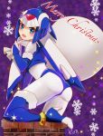  1girl adapted_costume android ass bent_over blue_eyes blue_footwear blue_legwear blue_santa_costume bodysuit boots bridal_gauntlets camellia36kiyo chimney fur_trim helmet high_heels highres leviathan_(rockman) looking_at_viewer looking_back merry_christmas open_mouth rockman sack santa_costume snowflakes solo source_request thigh-highs thigh_boots 