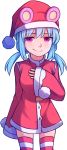  1girl blue_hair coat ears_through_headwear eyebrows_visible_through_hair eyes_visible_through_hair hand_on_own_chest hat highres long_hair long_sleeves looking_at_viewer low_twintails nixie_(rabi_ribi) pink_eyes rabi-ribi santa_costume santa_hat simple_background sleeves_past_wrists smile solo speckticuls striped striped_legwear thigh-highs twintails white_background wide_sleeves 