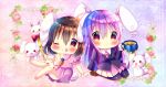  2girls ;q animal_ears arm_up barefoot blue_background blush brown_footwear brown_hair bunny_tail carrot_necklace chibi chocolat_(momoiro_piano) cup dress flower gradient gradient_background hair_between_eyes hands_together holding holding_cup inaba_tewi lace_background lavender_hair leaning_back leg_lift long_hair multiple_girls navy_blue_legwear necktie one_eye_closed pantyhose pearl pink_background pink_dress pink_flower pink_neckwear pink_rose rabbit rabbit_ears red_eyes red_flower red_rose reisen_udongein_inaba rose shirt short_hair sitting suit_jacket tail tongue tongue_out touhou very_long_hair wand wariza white_shirt wing_collar 