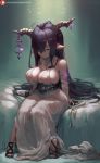 1girl bare_shoulders black_hair blood blood_stain closed_eyes collarbone cutesexyrobutts danua dress fingerless_gloves gloves granblue_fantasy highres horn_ornament horns jewelry long_hair necklace parted_lips pointy_ears sitting solo sunlight thighs very_long_hair white_dress 