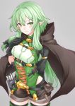  1girl arm_behind_back arrow asya black_bow black_gloves blush bow breasts brown_cape brown_shorts cape clenched_hand closed_mouth cowboy_shot elf eyebrows_visible_through_hair gloves goblin_slayer! gold_trim green_eyes green_hair grey_background hair_between_eyes hair_bow hair_ribbon hand_up high_elf_archer_(goblin_slayer!) highres holstered_weapon hooded_cape knife long_hair looking_at_viewer navel open_mouth pointy_ears quiver ribbon short_shorts shorts sidelocks simple_background small_breasts smile solo thigh-highs tress_ribbon weapon 