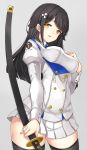  1girl animal_ears asya azur_lane bangs black_hair black_legwear blush bow breasts brown_eyes buttons choukai_(azur_lane) clothes_writing cowboy_shot dog_ears double-breasted eyebrows_visible_through_hair grey_background hair_between_eyes hair_ornament hand_on_own_chest holding holding_sword holding_weapon jacket juliet_sleeves katana large_breasts long_hair long_sleeves looking_at_viewer mole mole_on_thigh open_mouth pleated_skirt puffy_sleeves shirt sidelocks simple_background skirt smile solo sword thigh-highs weapon white_jacket white_skirt 
