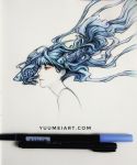  1girl blue_hair closed_mouth commentary english_commentary eyeshadow fish floating_hair from_side grey_background highres inktober long_hair makeup original pen photo portrait profile smile solo traditional_media watermark web_address wenqing_yan 