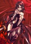  1girl arm_strap bangs bare_shoulders black_dress black_gloves blurry blurry_foreground breasts brown_hair center_opening choker collarbone consort_yu_(fate) depth_of_field dress dual_wielding earrings elbow_gloves fate/grand_order fate_(series) fire floating_hair glint gloves heirou holding holding_sword holding_weapon jewelry light_particles light_rays long_hair looking_at_viewer medium_breasts multiple_earrings navel petals red_eyes revealing_clothes sidelocks solo strapless strapless_dress sword very_long_hair weapon wind 