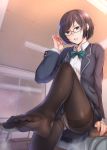  1girl arm_support ass backlighting bangs black_hair black_legwear blazer bow bowtie classroom clenched_teeth desk dress_shirt eyebrows_visible_through_hair feet glasses hand_up head_tilt highres indoors jacket knee_up kyuuso_inukami leg_up looking_away no_shoes original panties panties_under_pantyhose pantyhose pantyshot pantyshot_(sitting) pleated_skirt school_desk school_uniform shiny shiny_clothes shirt short_hair sidelocks sitting skirt soles solo swept_bangs teeth thighband_pantyhose underwear 