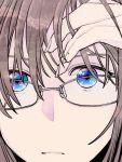  1girl bangs blue_eyes brown_hair closed_mouth commentary_request copyright_request expressionless fingernails glasses grey-framed_eyewear hand_up looking_at_viewer multicolored multicolored_eyes portrait solo violet_eyes yami_(m31) 