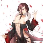  1girl bangs black_dress black_jacket brown_hair collarbone commentary_request consort_yu_(fate) dress eyebrows_visible_through_hair fate/grand_order fate_(series) fur-trimmed_jacket fur_trim hair_between_eyes hand_up highres jacket long_hair long_sleeves looking_at_viewer navel petals red_eyes ribbon-trimmed_dress roi_(liu_tian) sidelocks simple_background solo strapless strapless_dress torn_clothes torn_sleeves white_background wide_sleeves 
