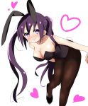  1girl animal_ears bent_over black_footwear black_legwear black_leotard blush breasts bunny_tail cleavage collarbone eyebrows_visible_through_hair fake_animal_ears floating_hair garters gochuumon_wa_usagi_desu_ka? hair_between_eyes heart large_breasts leotard long_hair looking_at_viewer pantyhose pumps purple_hair rabbit_ears riyo_(aokiwazumi) shiny shiny_hair simple_background smile solo strapless strapless_leotard tail tedeza_rize twintails very_long_hair violet_eyes white_background 