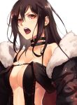 1girl bangs bare_shoulders black_dress breasts brown_hair center_opening choker cleavage collarbone consort_yu_(fate) dress earrings fate/grand_order fate_(series) fur_trim hair_between_eyes jacket jewelry long_hair looking_at_viewer medium_breasts open_mouth red_eyes shimozuki_shio solo strapless strapless_dress upper_body 