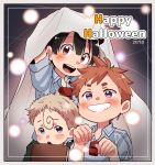  2018 3boys :d absurdres ahoge black_hair blonde_hair blue_shirt book brown_hair child collared_shirt commentary_request happy_halloween highres holding holding_book kiyui_(made_in_abyss) looking_at_viewer made_in_abyss multiple_boys natt_(made_in_abyss) open_mouth parted_lips red_eyes shiggy_(made_in_abyss) shirt short_hair short_sleeves smile usuki_(usukine1go) violet_eyes whistle wing_collar 