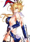  1girl ahoge animal_ears aquamarine_(stone) artoria_pendragon_(all) artoria_pendragon_(lancer) ass bangs bare_shoulders blue_leotard blue_nails blush braid breasts bridal_gauntlets bunny_tail chains commentary_request crown earrings eyebrows_visible_through_hair eyelashes fate/grand_order fate_(series) french_braid fur_collar garter_straps gem glitter glowing gold gold_trim green_eyes grin hair_between_eyes highres hips jewelry lance large_breasts leotard light_particles long_hair looking_at_viewer looking_back nail_polish parted_lips polearm rabbit_ears rhongomyniad sakiyamama sideboob sidelocks signature simple_background smile solo tail tsurime weapon white_background wrist_cuffs 