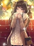  1girl aran_sweater bag bangs black_legwear blurry blurry_background blush breath brick_wall brown_coat brown_eyes brown_hair coat commentary_request depth_of_field eyebrows_visible_through_hair handbag hands_up kagachi_saku long_hair long_sleeves looking_at_viewer open_clothes open_coat original pantyhose parted_lips scarf shoulder_bag signature sleeves_past_wrists solo sparkle sweater very_long_hair white_scarf white_sweater 