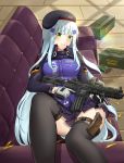  absurdres ammo_box artist_request assault_rifle bangs beret black_hat black_legwear blunt_bangs commentary_request couch eyebrows_visible_through_hair girls_frontline gloves green_eyes gun hair_ornament hat heckler_&amp;_koch highres hk416 hk416_(girls_frontline) holding holding_gun holding_weapon indoors jacket korean_commentary long_hair lying on_back on_couch plaid plaid_skirt pleated_skirt rifle skirt thigh-highs vertical_foregrip weapon white_hair 
