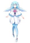  1girl angel angel_wings aoi_thomas bangs bare_shoulders black_ribbon blue_eyes blue_flower blue_hair blue_legwear blue_wings blush bow capelet closed_mouth collarbone commentary_request dress eyebrows_visible_through_hair feathered_wings flower frilled_capelet frills full_body hair_between_eyes hair_flower hair_ornament highres long_hair looking_at_viewer neck_ribbon original pantyhose pink_bow pleated_dress ribbon shoes simple_background sleeveless sleeveless_dress smile snowflake_hair_ornament solo two_side_up white_background white_capelet white_dress white_footwear wings 