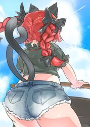  alternate_costume animal_ears behind_back cat_ears cat_tail clouds cloudy_sky commentary_request denim denim_shorts kaenbyou_rin midriff qralto redhead short_shorts shorts sky tail touhou twintails wheelbarrow 