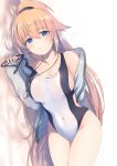  1girl absurdres bangs bare_shoulders bed_sheet blonde_hair blue_eyes blush breasts cleavage closed_mouth collarbone commentary_request competition_swimsuit covered_navel dyson_(edaokunnsaikouya) eyebrows_visible_through_hair eyewear_removed fate/grand_order fate_(series) fingernails hair_between_eyes hand_up head_tilt high_ponytail highres holding holding_eyewear jacket jeanne_d&#039;arc_(fate)_(all) jeanne_d&#039;arc_(swimsuit_archer) large_breasts long_hair lying off_shoulder on_side one-piece_swimsuit open_clothes open_jacket ponytail sleeves_past_wrists smile solo swimsuit very_long_hair whistle whistle_around_neck white_background white_jacket white_swimsuit 
