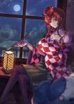  1girl artist_name breasts checkered dango_hair_ornament food_themed_hair_ornament full_moon grey_skin hair_ornament indoors kara413 kiseru lantern large_breasts looking_at_viewer moon nail_polish night pantyhose pipe red_eyes red_nails redhead romero_(zombie_land_saga) sitting window yuugiri_(zombie_land_saga) zombie_land_saga 