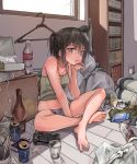  1girl :i arm_support bag bangs barefoot beer_can black_hair bookshelf bottle breasts brown_eyes camisole can cellphone chin_rest chopsticks clothes_hanger commentary_request controller cup drinking_glass dualshock earphones_removed electric_plug full_body game_controller gamepad grey_panties head_rest highres indian_style indoors instant_ramen kabayaki_namazu kantai_collection looking_at_viewer messy_room navel on_floor panties phone plastic_bag pout ramen sendai_(kantai_collection) sitting small_breasts smartphone socks_removed soda_bottle solo spray_bottle tank_top tissue_box toes underwear underwear_only vacuum_cleaner window 