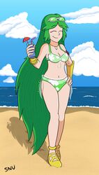  1girl artist_name beach bikini closed_eyes collar cute deviantart drinking_glass floral_print flower flower_print green_bikini green_hair holding_glass kid_icarus long_hair ocean palutena seganintendoubisoft smile solo straw sunglasses 