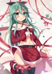  1girl alternate_costume bangs belt black_legwear black_ribbon blush box breasts christmas commentary_request dress eyebrows_visible_through_hair ezoshika gift gift_box green_eyes green_hair hair_between_eyes hair_flaps hair_ornament hair_ribbon hairclip highres kantai_collection long_hair looking_at_viewer midriff navel open_mouth parted_bangs ponytail red_dress ribbon santa_costume shoes skirt small_breasts solo standing standing_on_one_leg tearing_up tears thigh-highs yamakaze_(kantai_collection) 