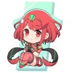  1girl bangs chibi covered_navel earrings fingerless_gloves gloves headpiece pyra_(xenoblade) jewelry looking_at_viewer mochimochi_(xseynao) nintendo red_eyes red_shorts redhead short_hair shorts shoulder_armor smile solo swept_bangs tiara xenoblade_(series) xenoblade_2 
