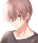  1boy bangs black_eyes black_shirt blush brown_hair copyright_request crossed_bangs eyebrows_visible_through_hair hair_between_eyes highres looking_at_viewer male_focus parted_lips sekina shirt simple_background solo upper_body white_background 